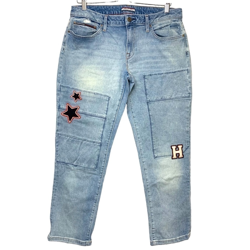 Retro Tommy Hilfiger Distressed Blue Denim Jeans 8 Patchwork Taper Low Rise Y2K